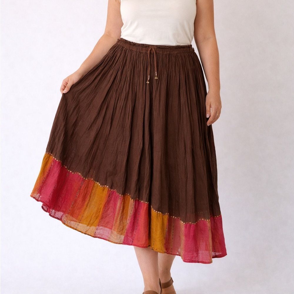 Tokyo Denim Bank Gypsy Boho Maxi Skirt Brown Cotton Colorblock Festival Peasant